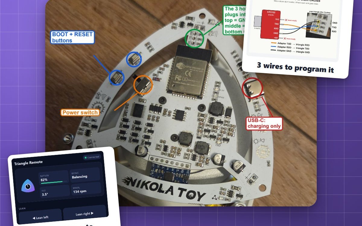 The circuit board inside the self-balancing triangle, with its phone remote